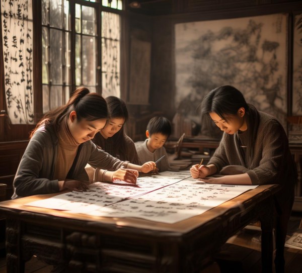 墨香流转，家庭幸福时光，书法艺术中的温馨家园
